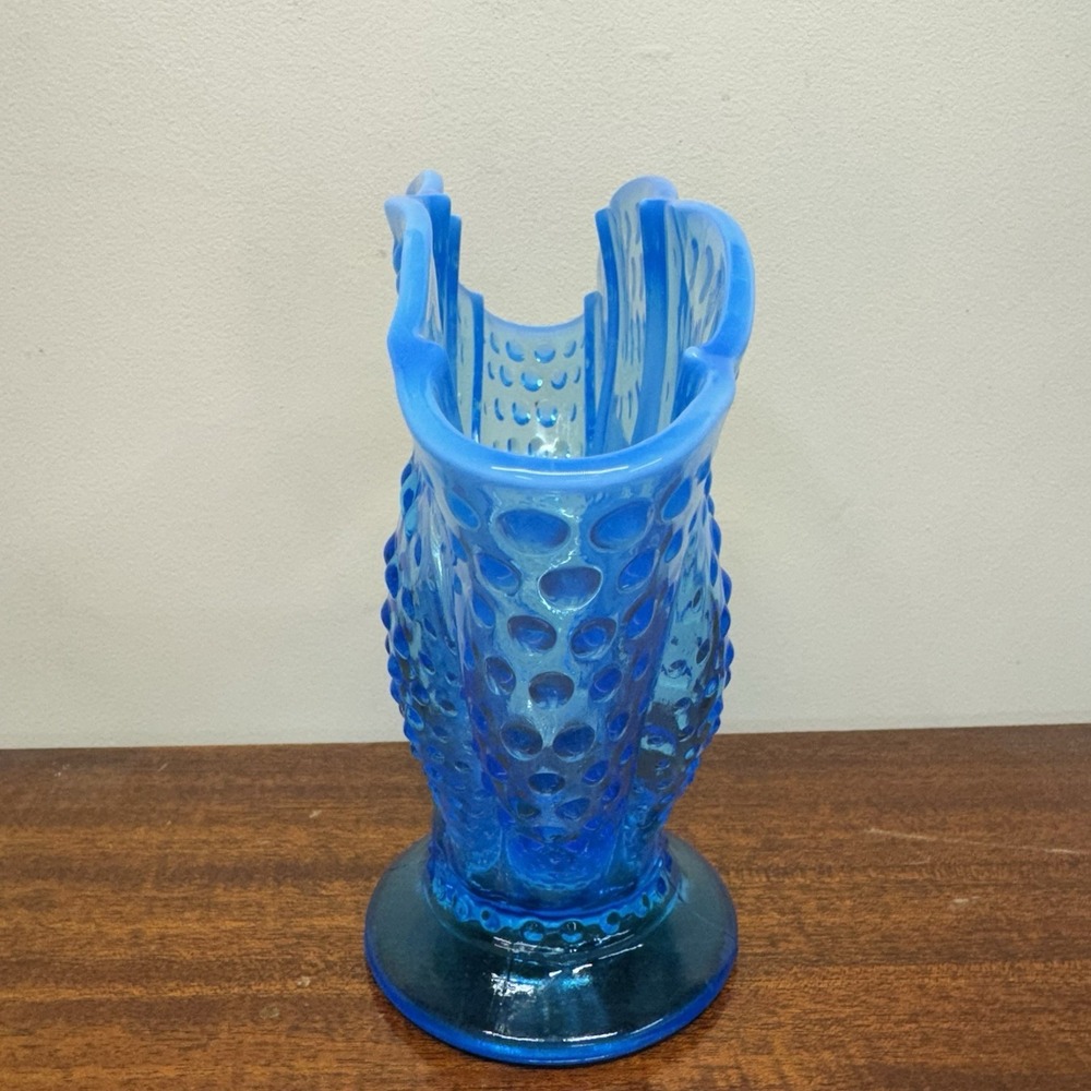 Fenton Blue Opalescent Hobnail Ruffled Fan Vase with Scalloped Edge 10x8 - Picture 3 of 11